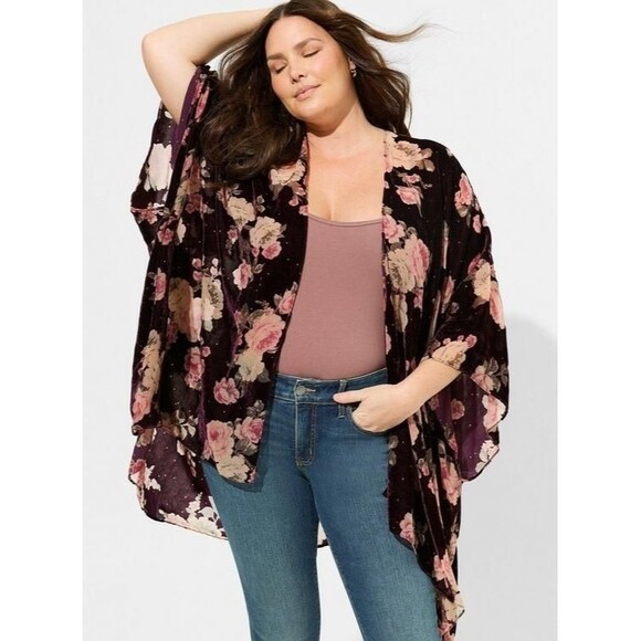 Torrid Other - Torrid Kimono Womens One Size Burgundy Velvet Burnout Rose Floral Whimsy Goth